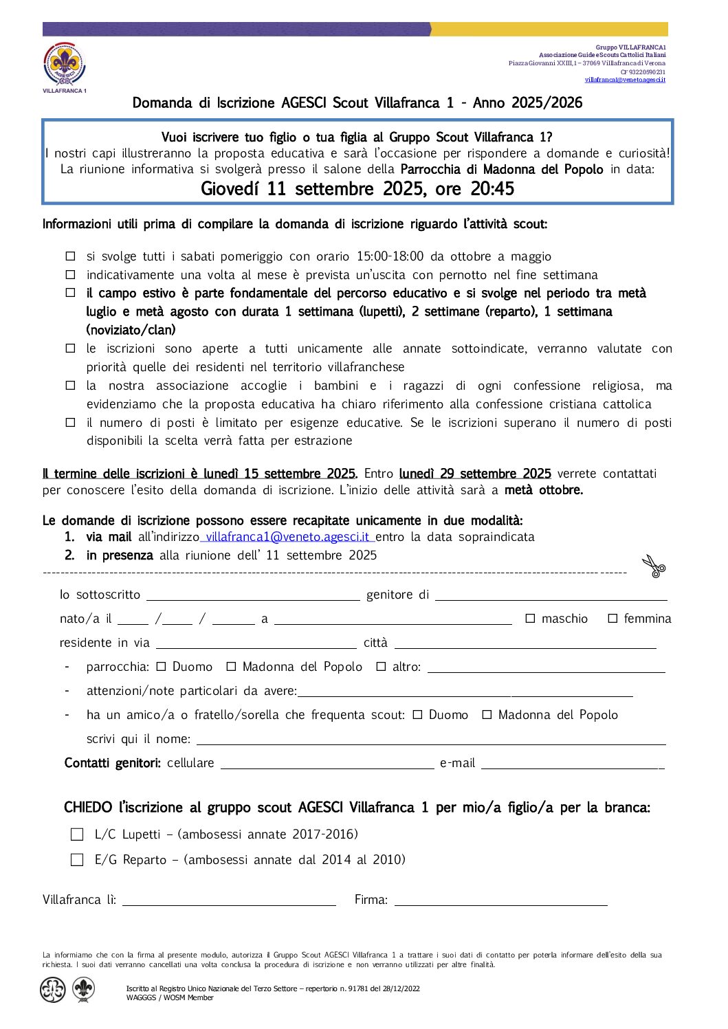 ISCRIZIONI AL GRUPPO SCOUT VILLAFRANCA 1